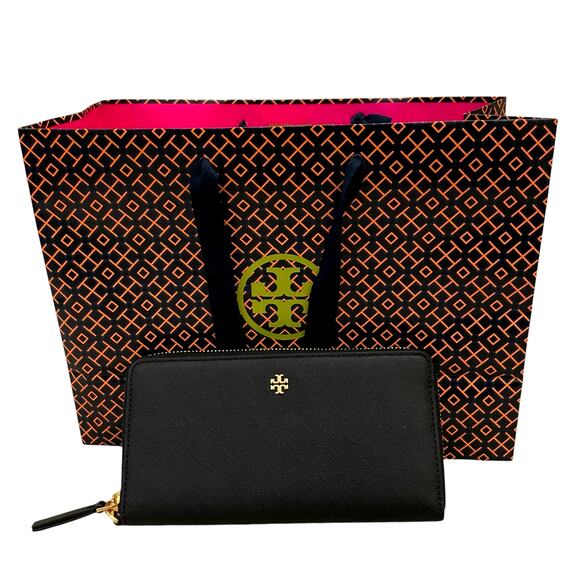 TORY BURCH Emerson Wristlet Zip Continental Wallet Saffiano Leather Black NEW